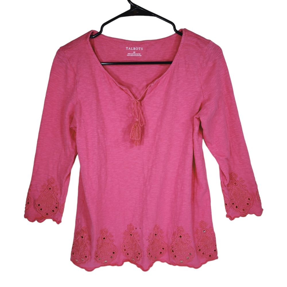 Talbots Lace Top Shirt XS Women Blouse Pink Cotton Tassels 3/4 Sleeve Cottage‎
